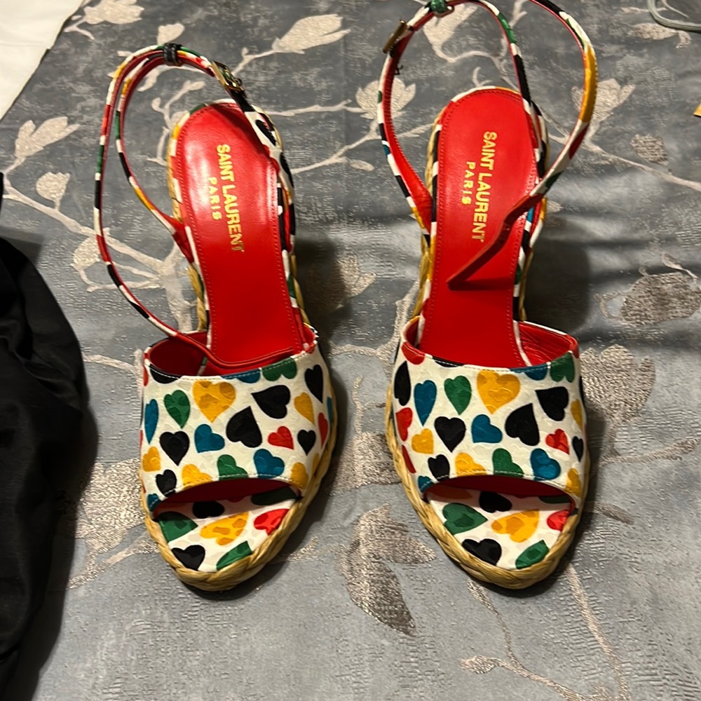 Yves St Laurent wedges, size 7, espadrilles, multi colored hearts.
